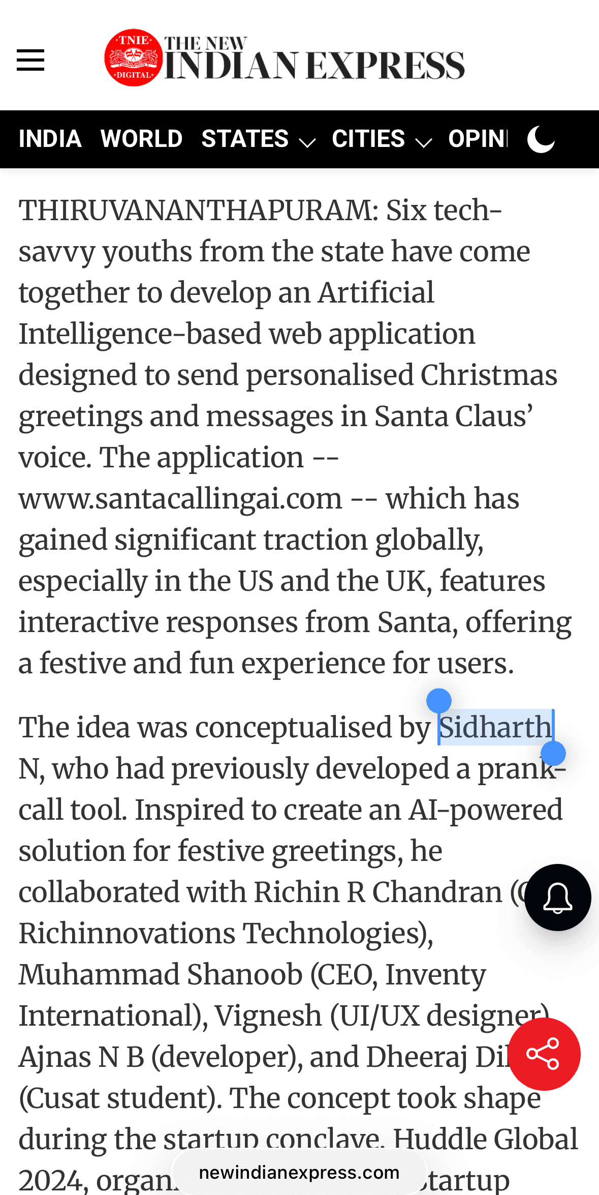 The New Indian Express feature on SantaCallingAI, conceptualised by Sidharth N