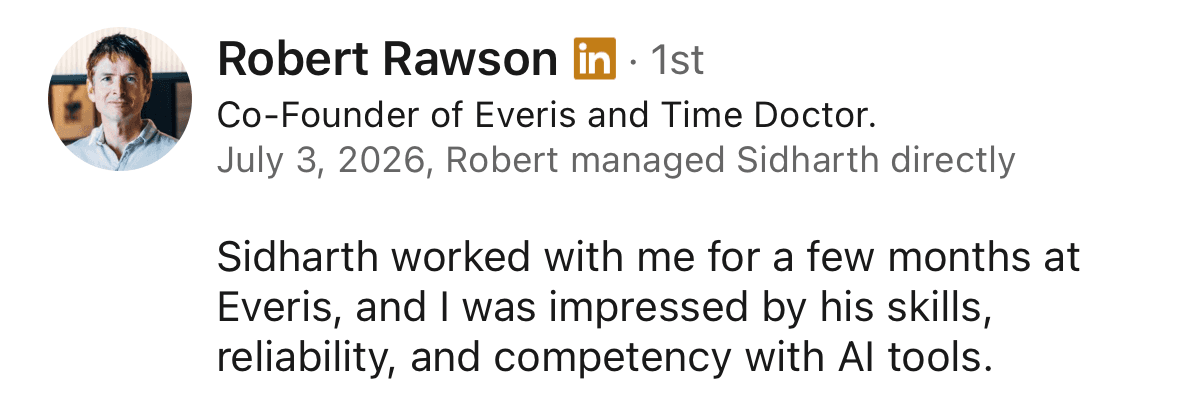 LinkedIn recommendation from Robert Rawson, Co-Founder of Everis and Time Doctor